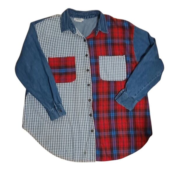 Oversized Vintage Red Blue Denim Plaid Button Flannel - Size M - Picture 1 of 9